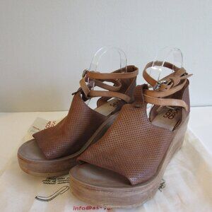 A.S.98 Camel Color Leather Nino Stacked Wedge 41 Peep Toe Sandal